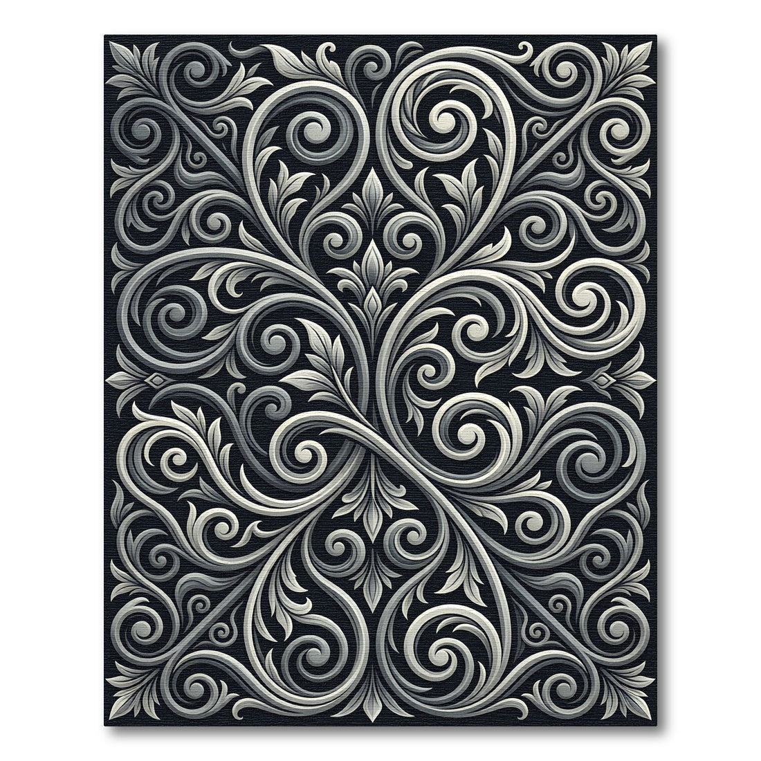 Ornate Grey Scrollwork Flourish Rug