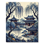 Serene Blue Pagoda Willow Garden Rug
