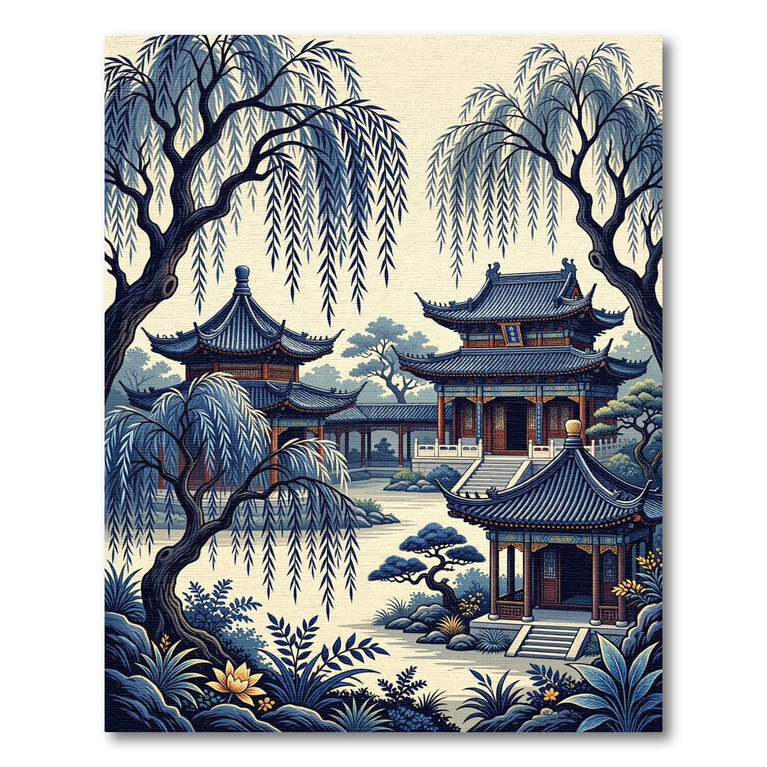 Serene Blue Pagoda Willow Garden Rug