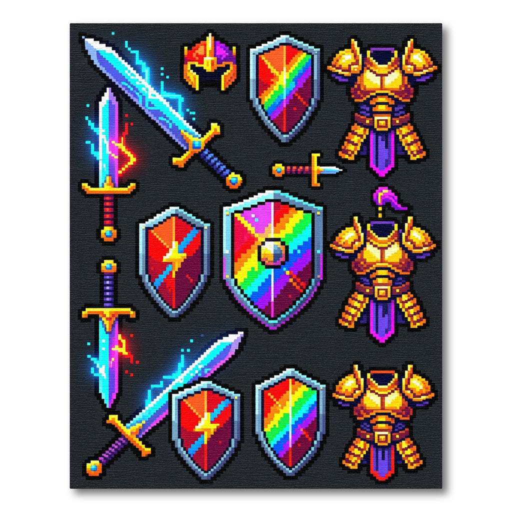 Pixelated Epic Fantasy Knight Icon Collection Rug