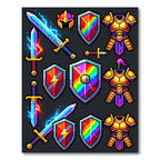 Pixelated Epic Fantasy Knight Icon Collection Rug