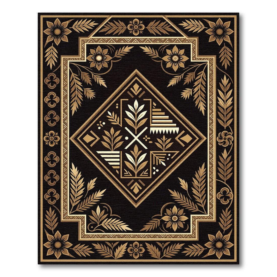 Earthy Gold Geometric Floral Medallion Rug