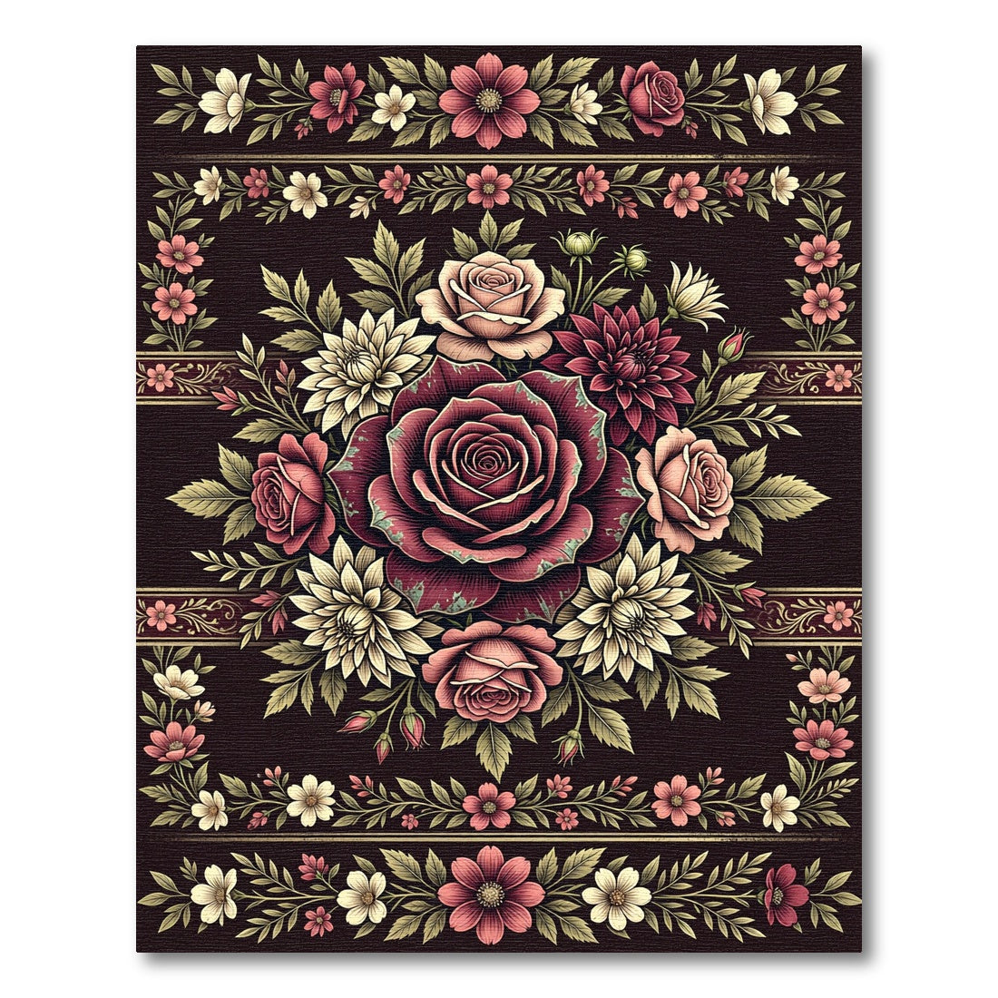 Regal Burgundy Rose Floral Medallion Rug