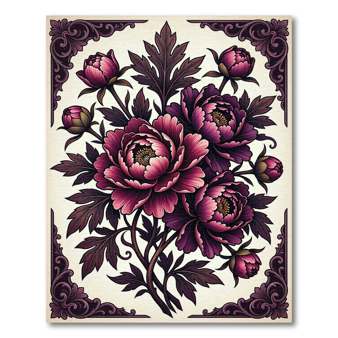 Dark Plum Peony Floral Framed Ornament Rug