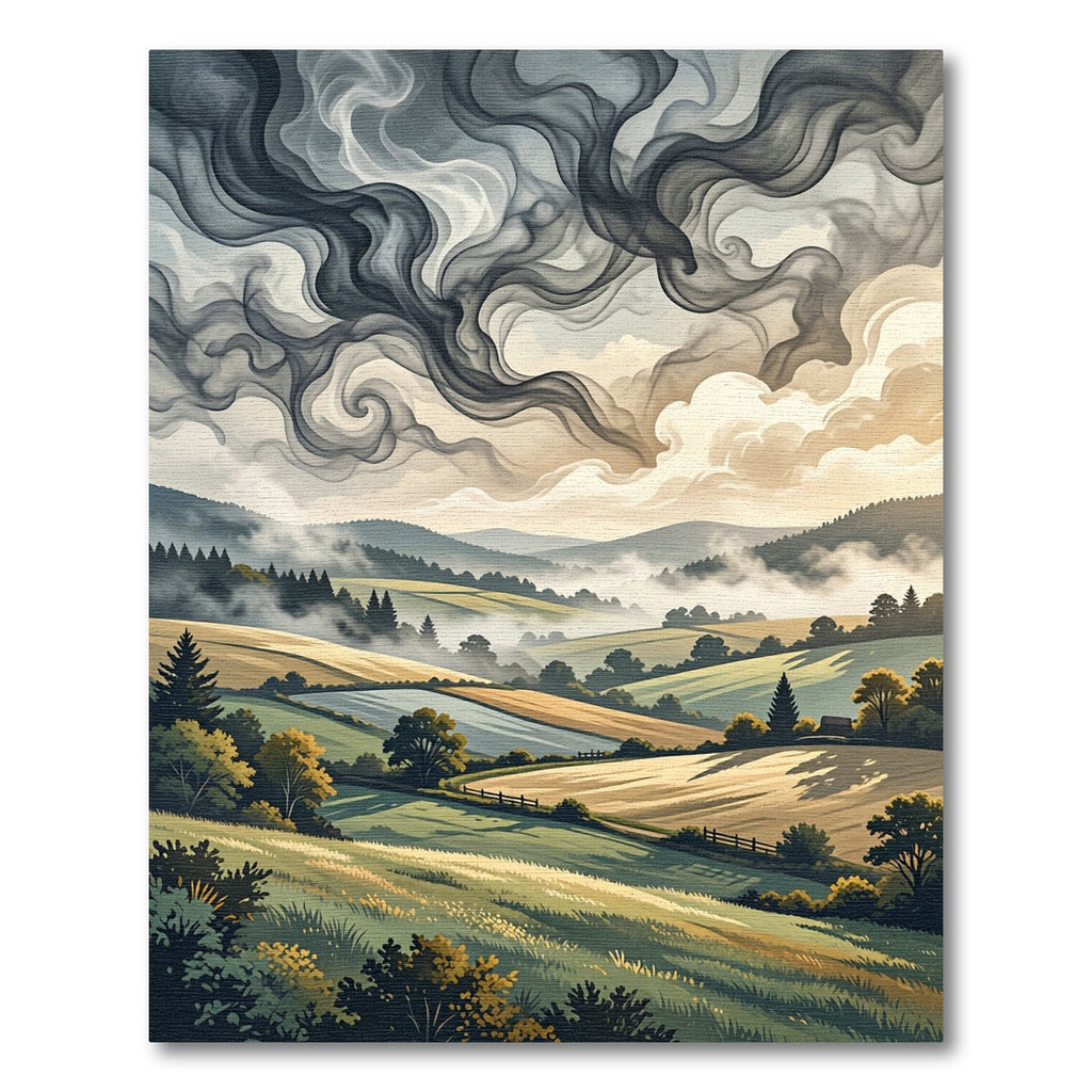 Dramatic Smoky Clouds Over Rolling Hills Rug