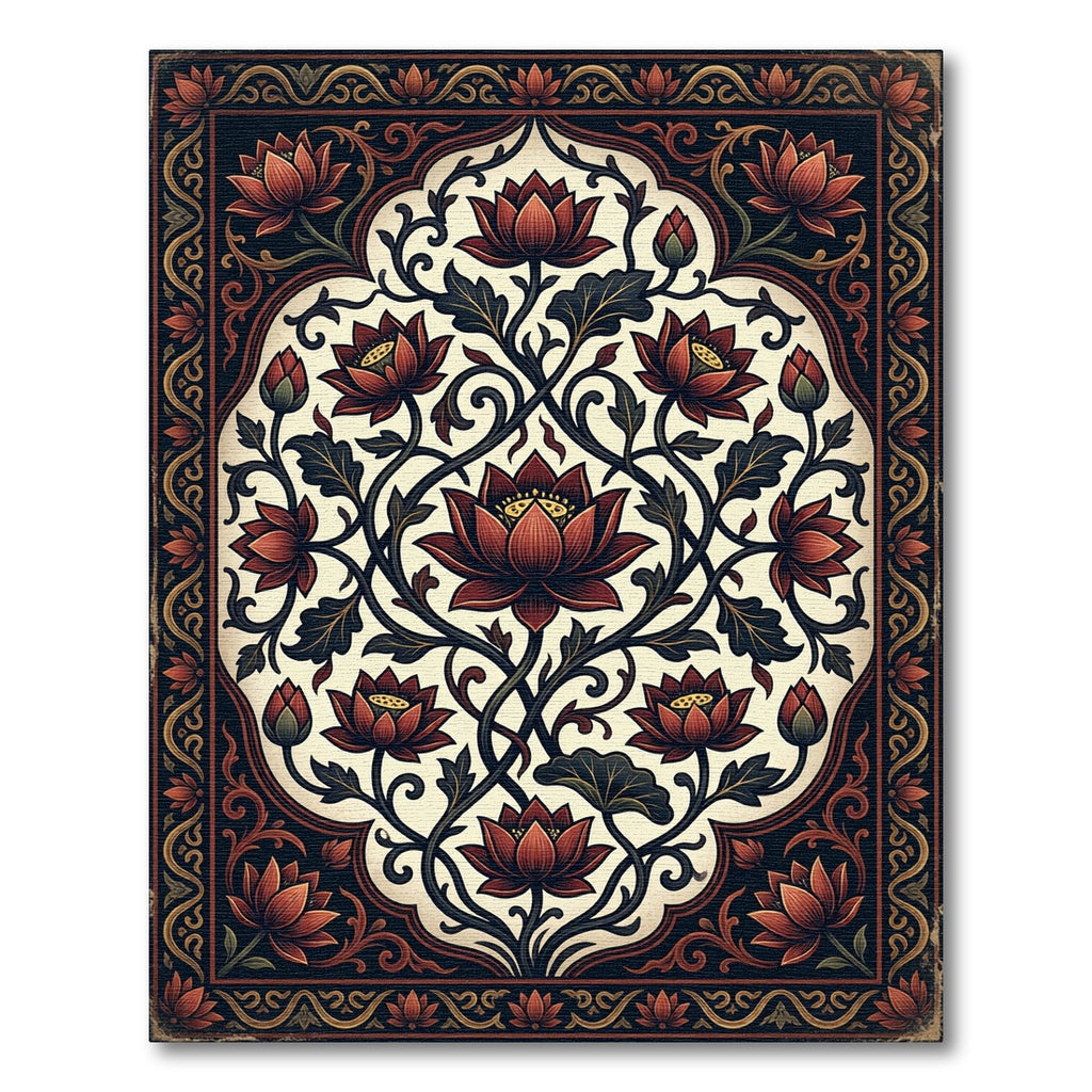 Ornate Deep Red Lotus Floral Scroll Rug