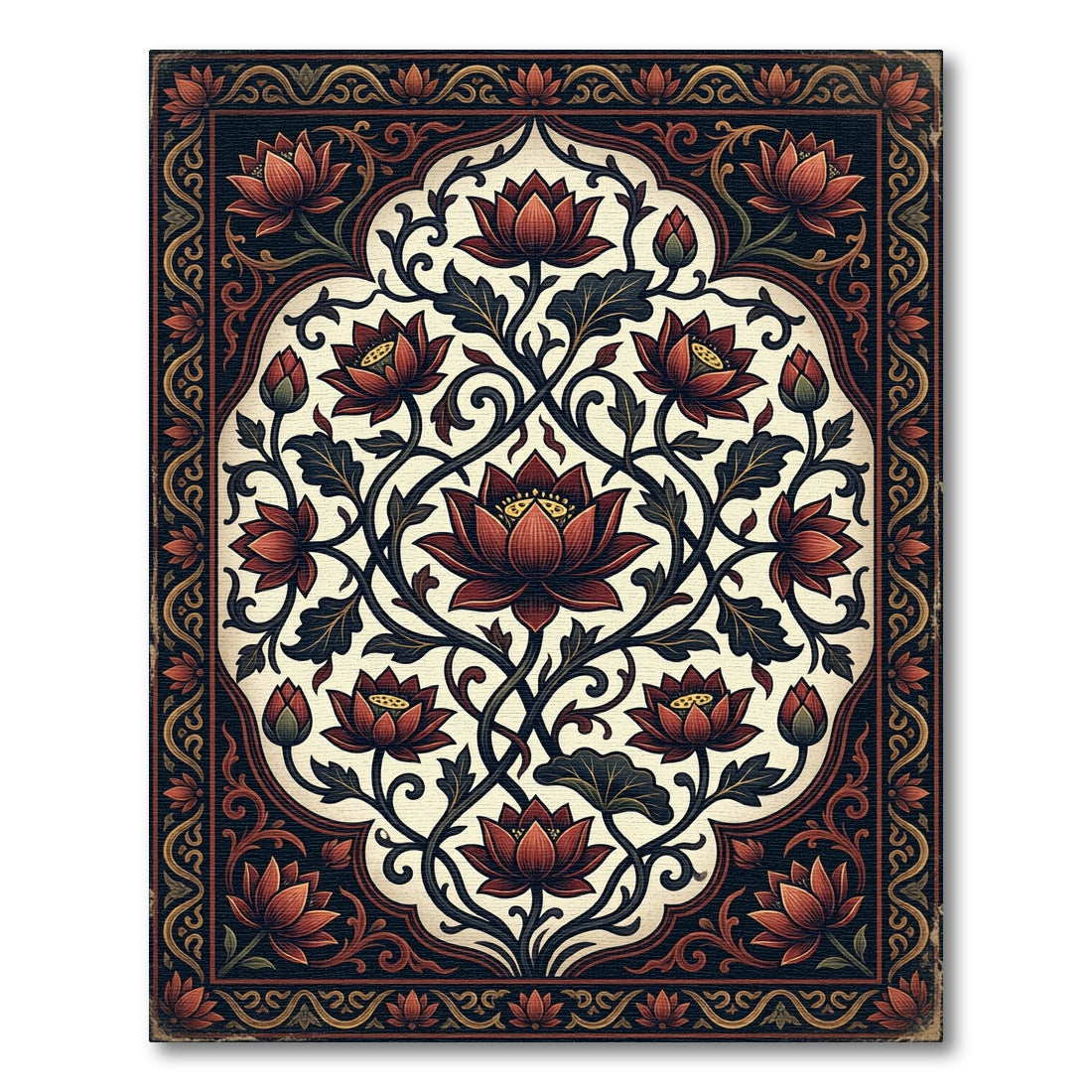 Ornate Deep Red Lotus Floral Scroll Rug