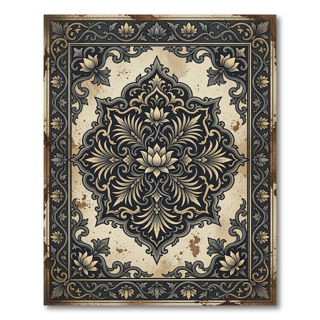 Ornate Cream and Charcoal Floral Medallion Rug
