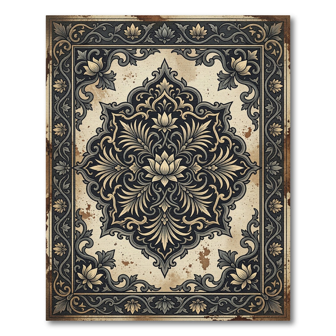 Ornate Cream and Charcoal Floral Medallion Rug