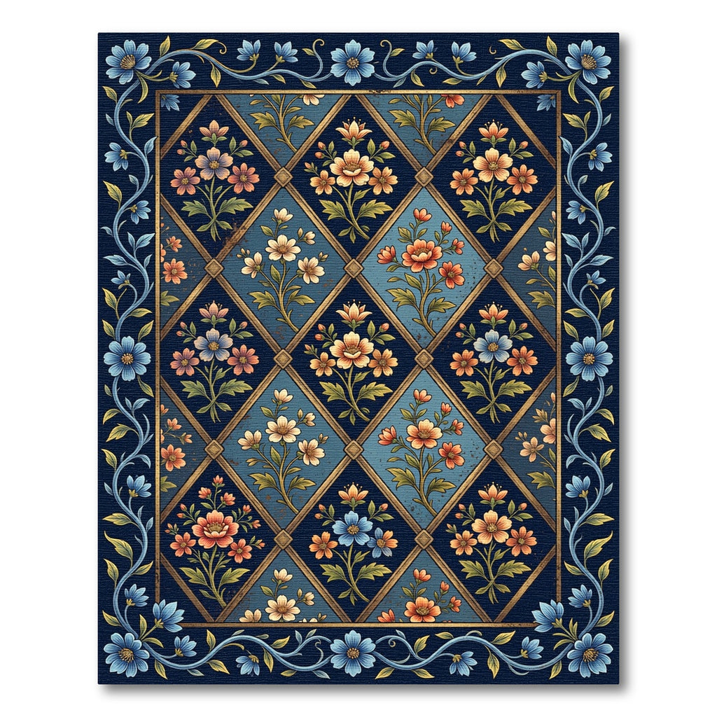 Floral Diamond Navy Blue Botanical Rug