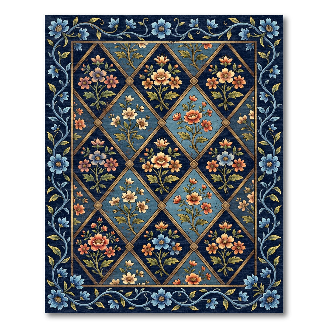Floral Diamond Navy Blue Botanical Rug