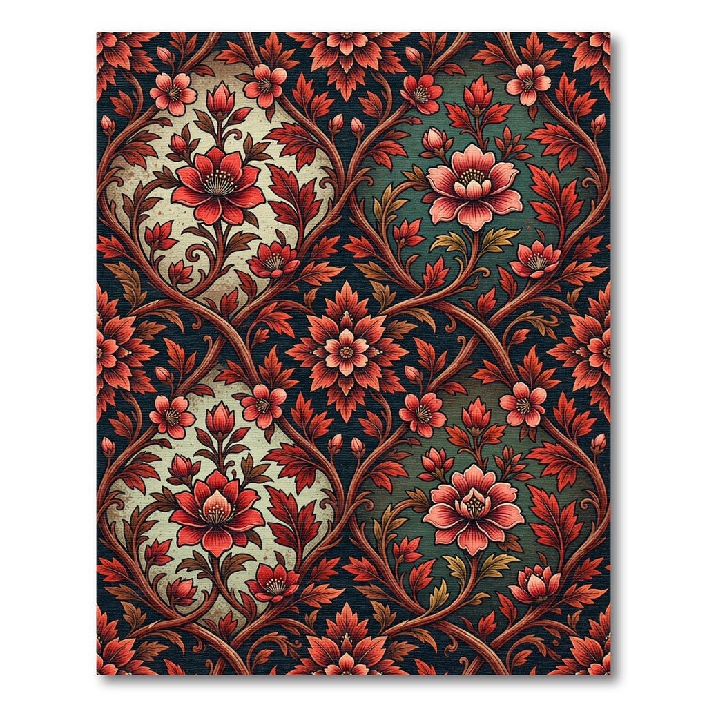 Vintage Crimson Floral Vine Scroll Rug