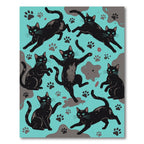 Playful Black Cats Turquoise Paw Prints Rug