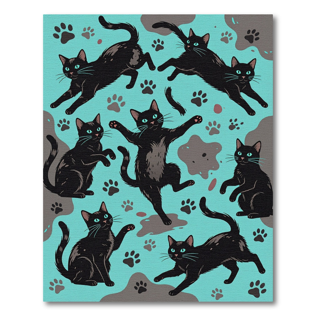 Playful Black Cats Turquoise Paw Prints Rug