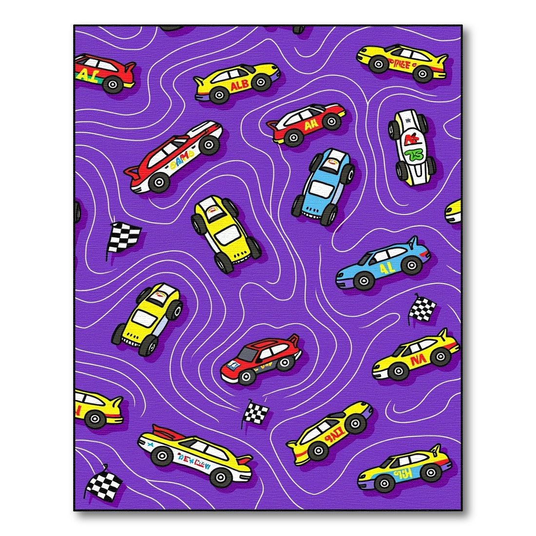 Racing Cars on Purple Wavy Background Rug