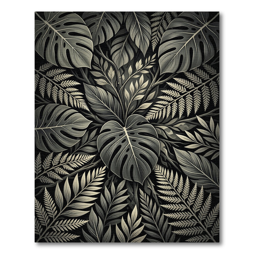 Monochrome Tropical Botanical Leaf Foliage Rug