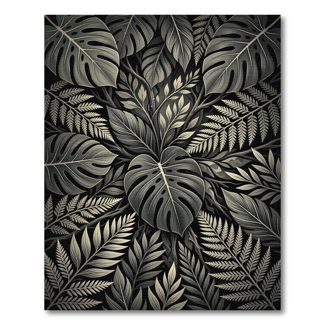 Monochrome Tropical Botanical Leaf Foliage Rug