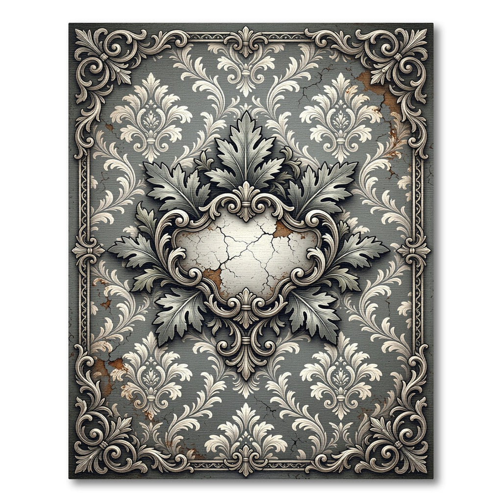 Ornate Weathered Gray Damask Scroll Rug