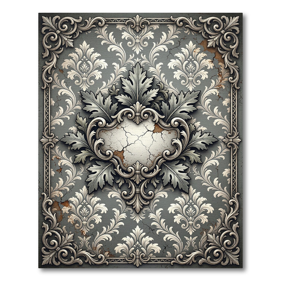 Ornate Weathered Gray Damask Scroll Rug