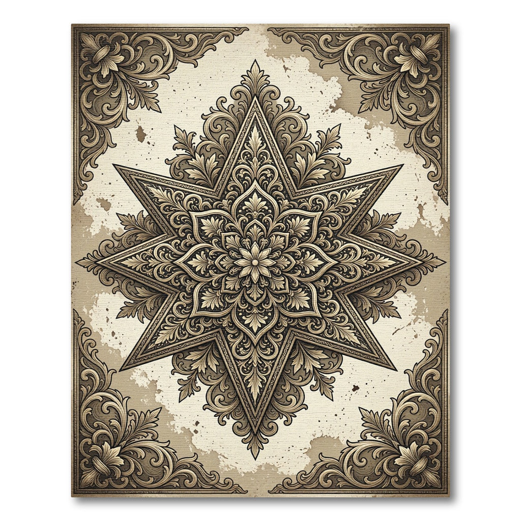 Ornate Golden Star Mandala Rug