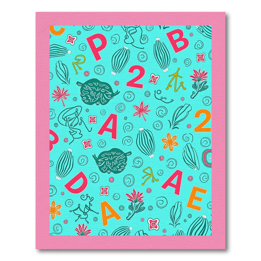 Aqua Alphabet Floral Whimsical Collage Rug