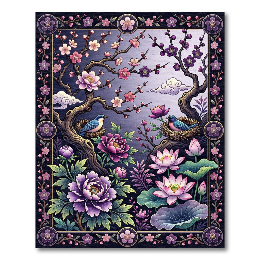 Chinoiserie Plum Blossom Peony Lotus Bird Rug