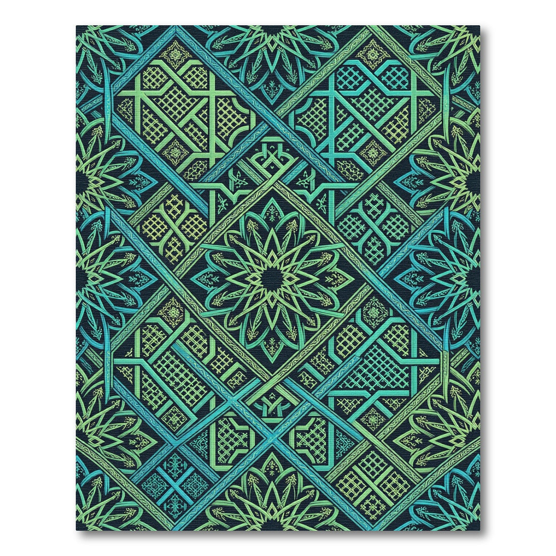 Intricate Emerald Teal Geometric Knot Rug