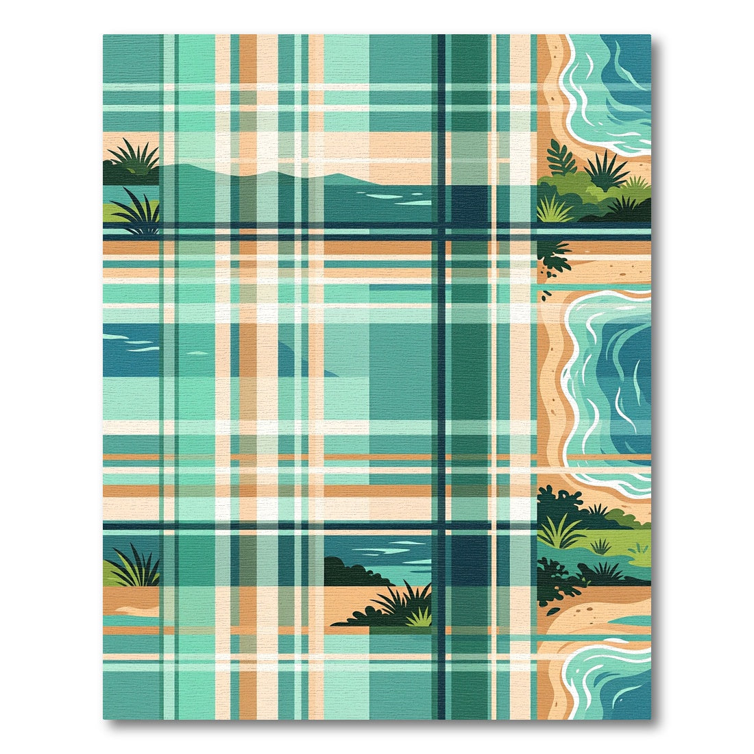 Coastal Plaid Teal Sea Shore Landscape Rug