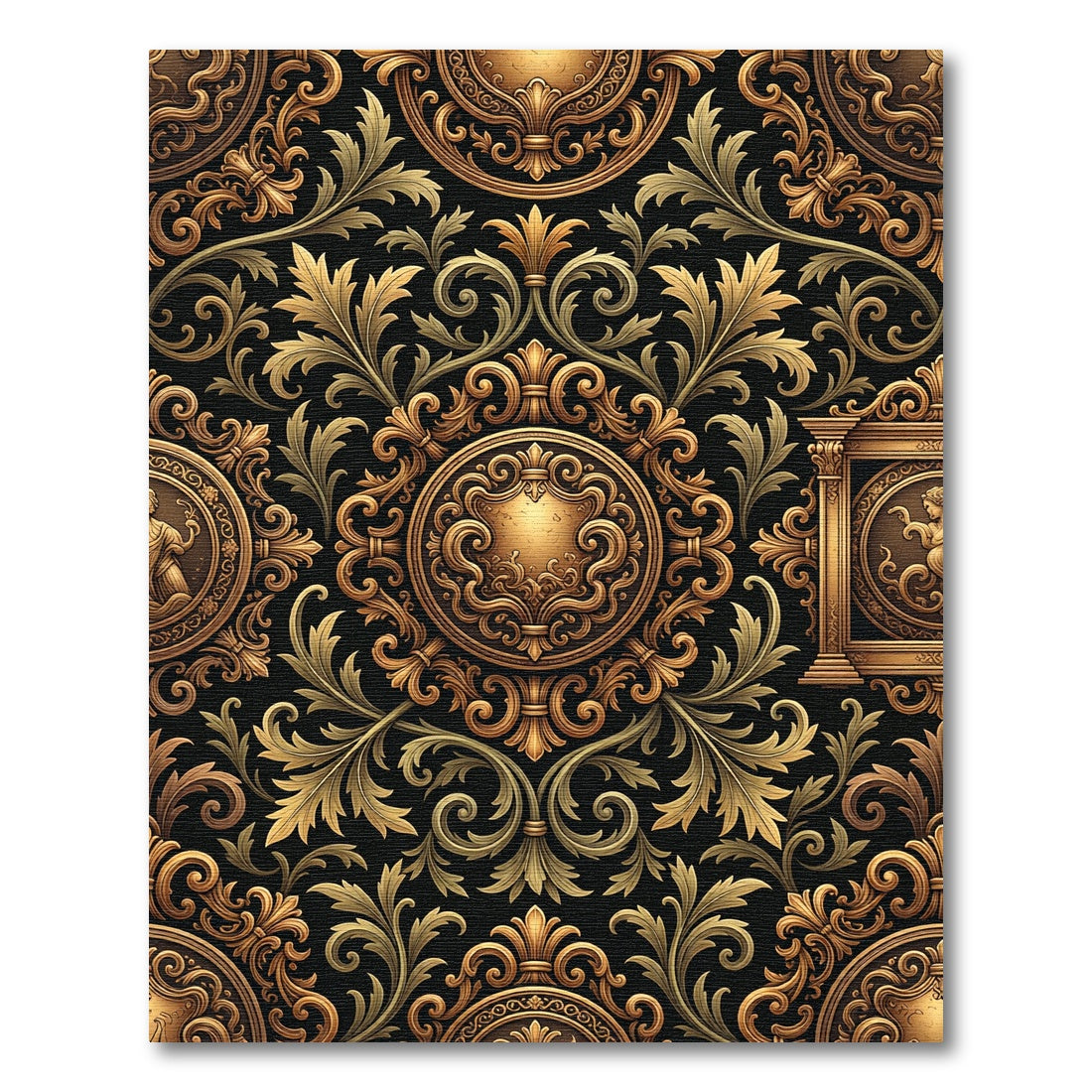 Golden Baroque Medallion Scroll Filigree Rug