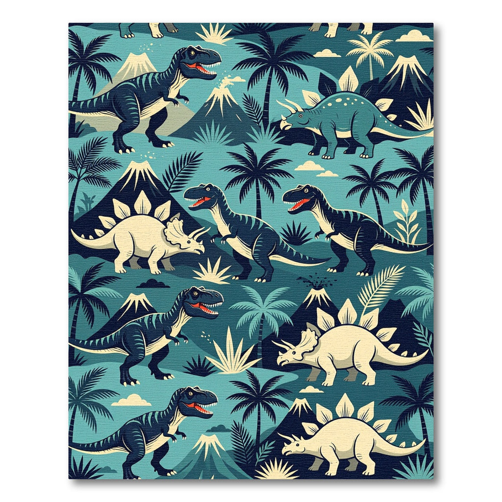 Prehistoric Teal Dinosaur Jungle Landscape Rug
