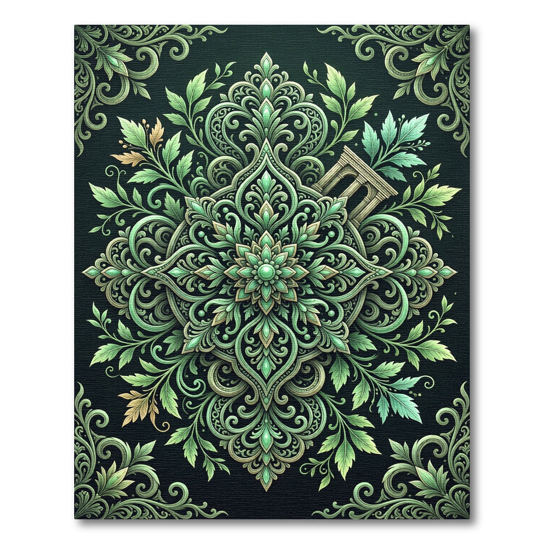 Elegant Emerald Leafy Foliage Medallion Rug