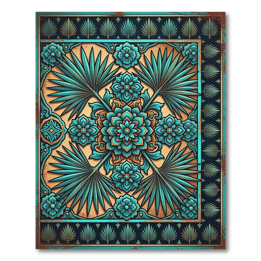 Tropical Teal Floral Medallion Art Rug