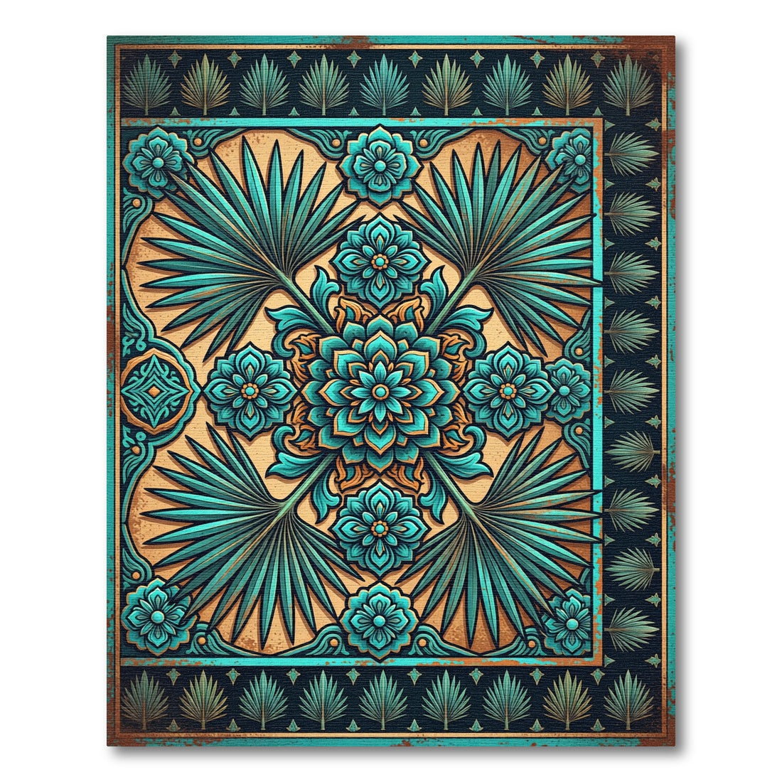 Tropical Teal Floral Medallion Art Rug