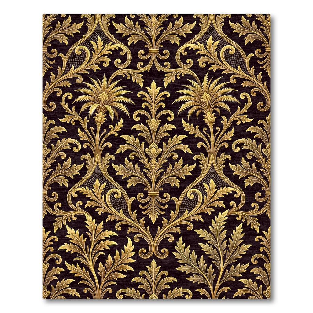 Ornate Gold Damask Palm Leaf Black Rug