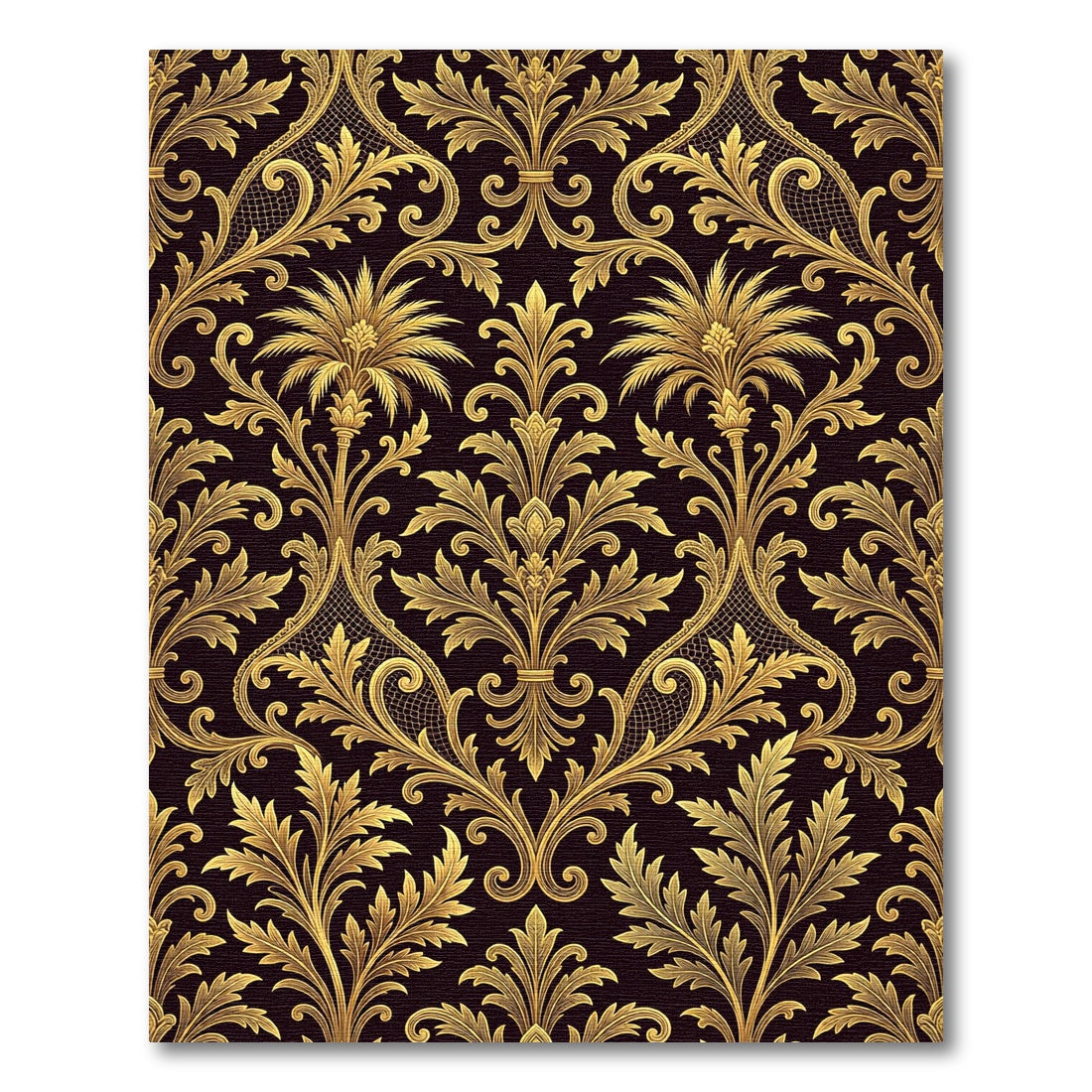 Ornate Gold Damask Palm Leaf Black Rug