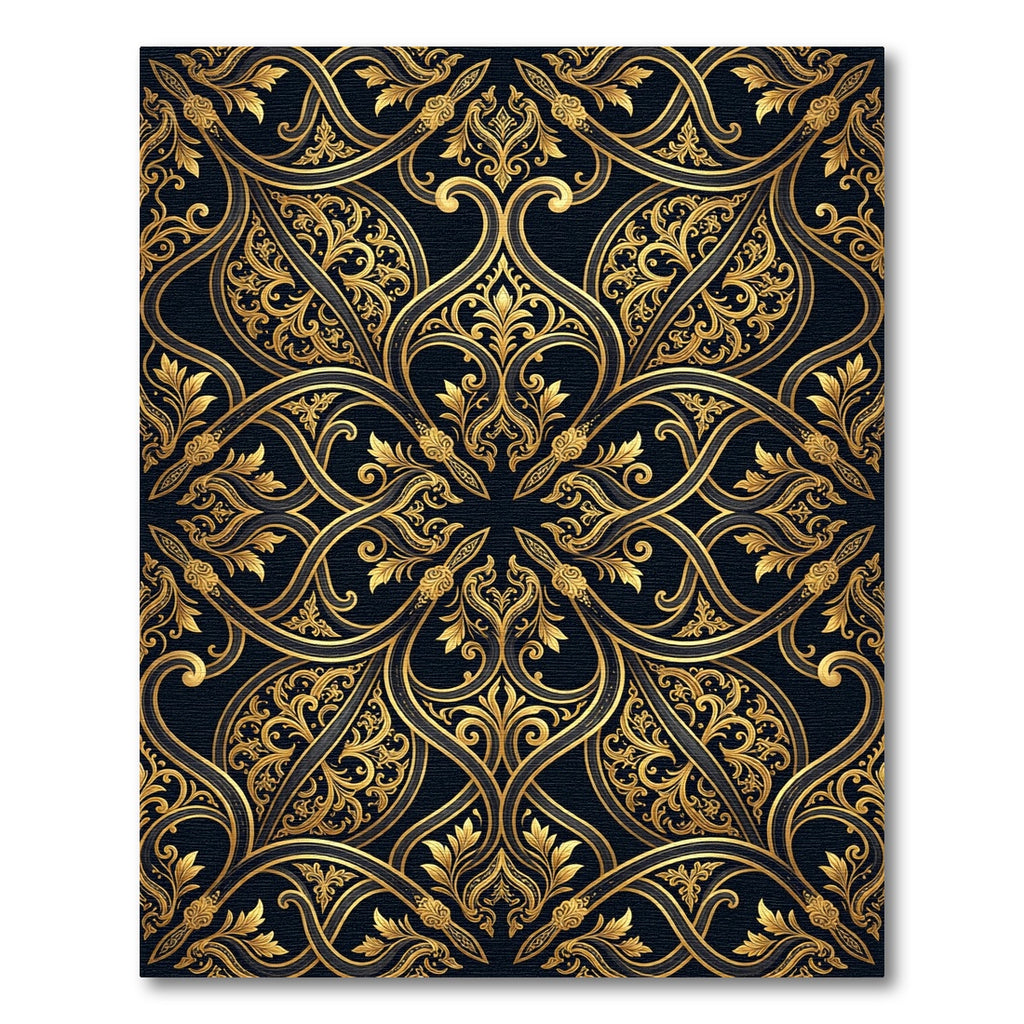 Gilded Black Ornate Scrollwork Rug