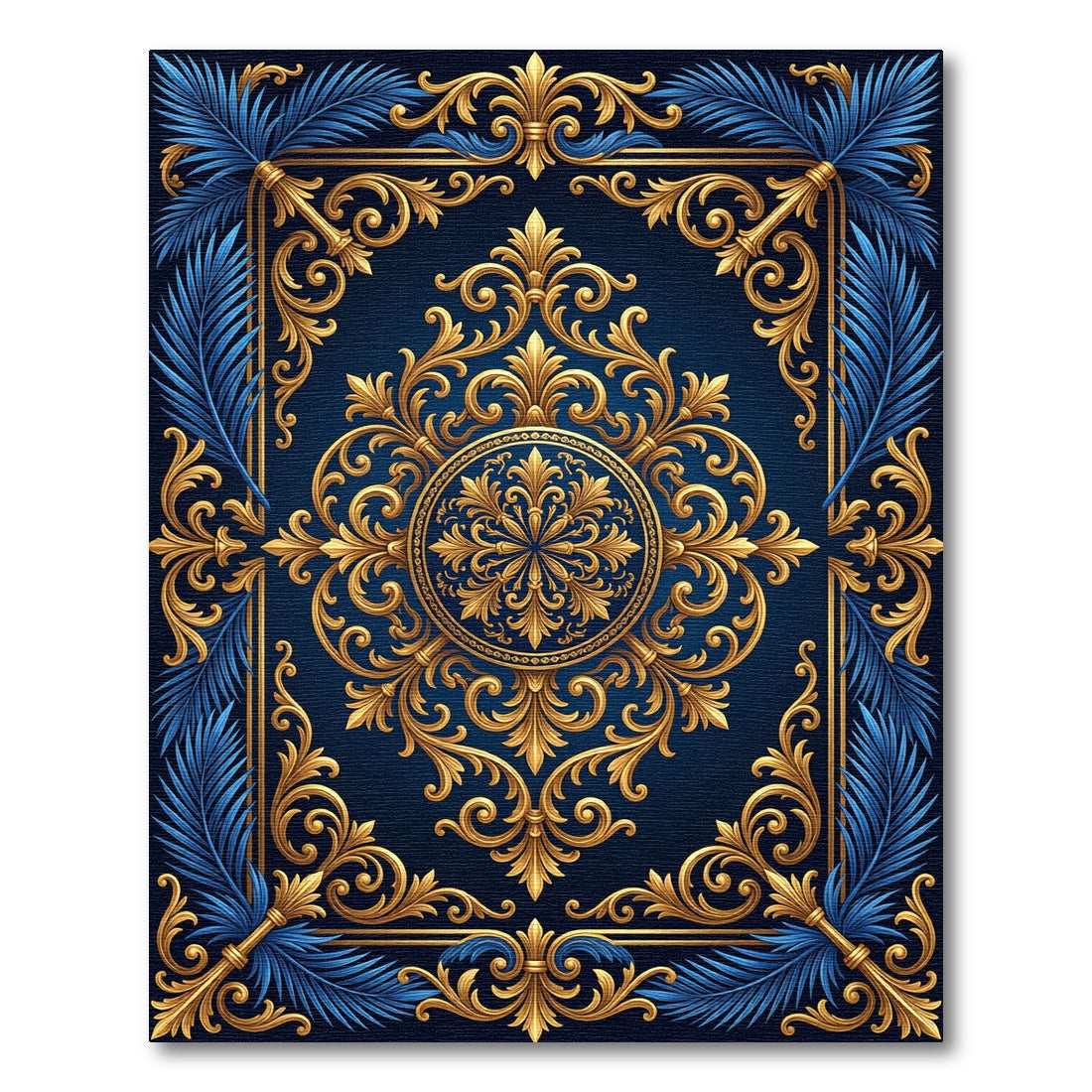 Royal Navy Blue Golden Baroque Medallion Rug