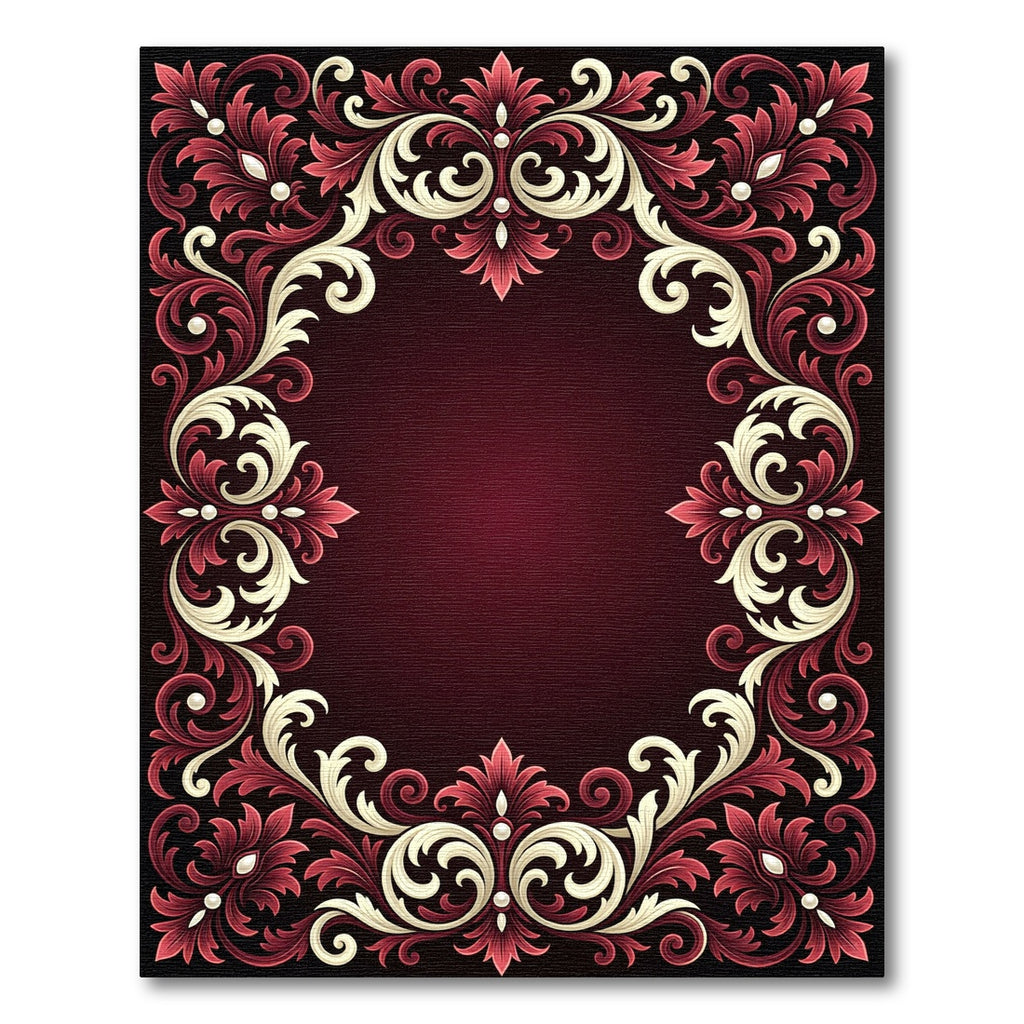 Elegant Crimson Ivory Damask Scroll Rug