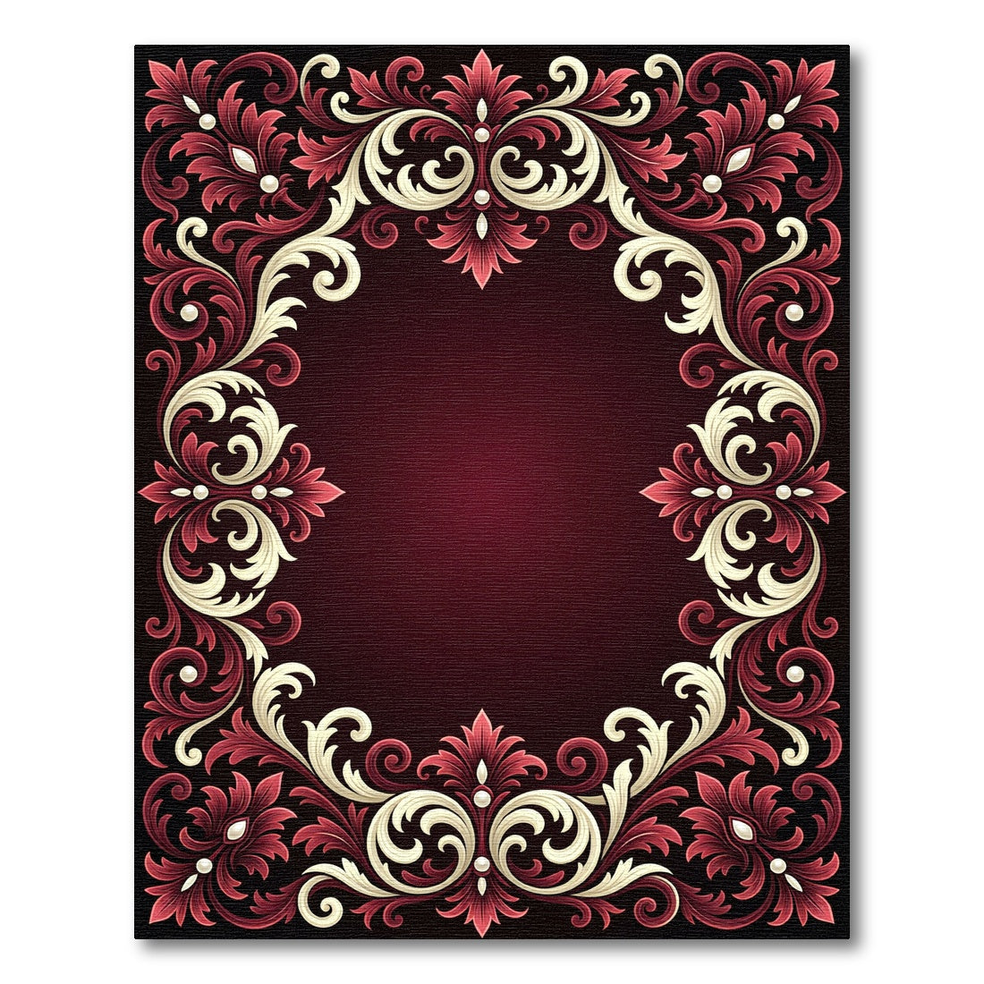Elegant Crimson Ivory Damask Scroll Rug