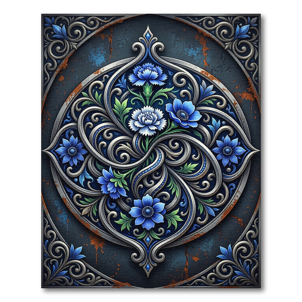 Ornate Sapphire Floral Swirl Emblem Rug