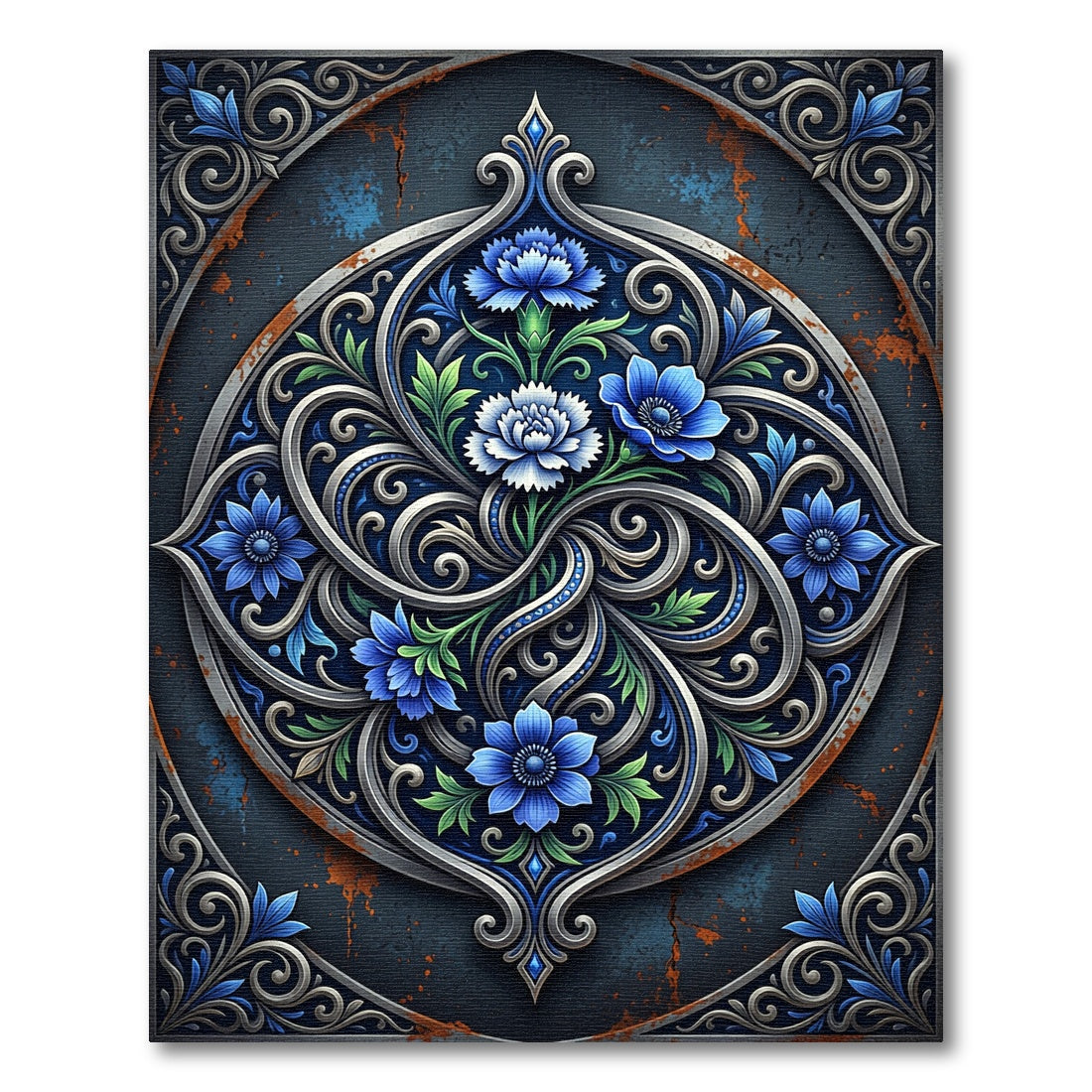 Ornate Sapphire Floral Swirl Emblem Rug