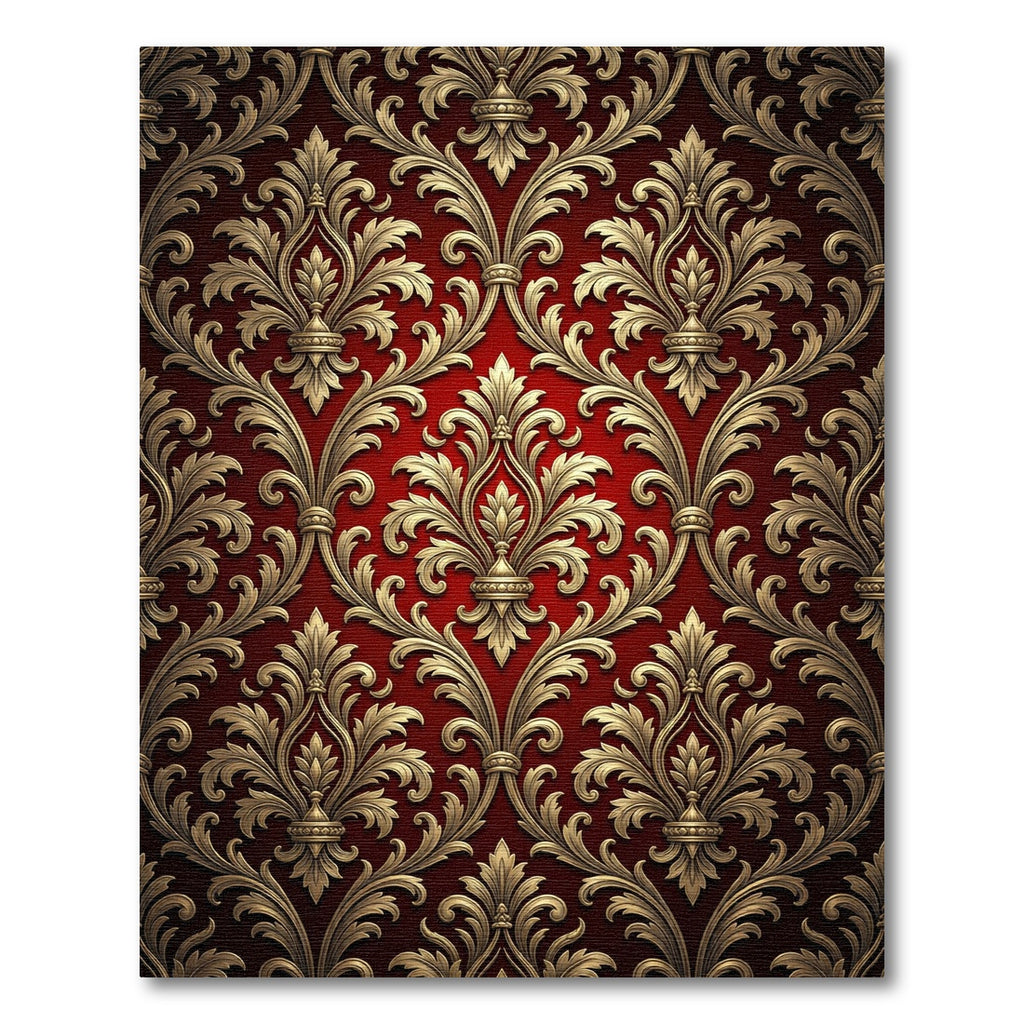 Ornate Red Gold Damask Scroll Rug
