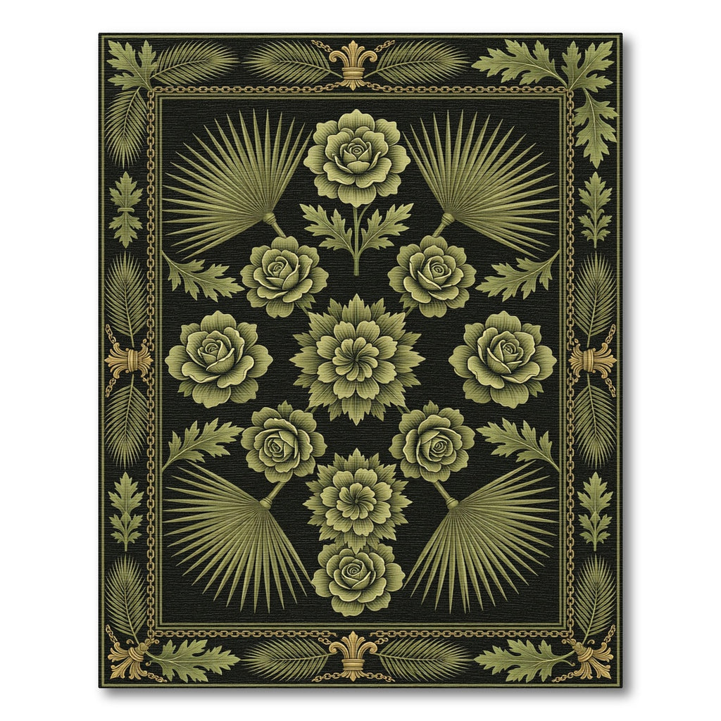 Olive Green Floral Fan Border Rug