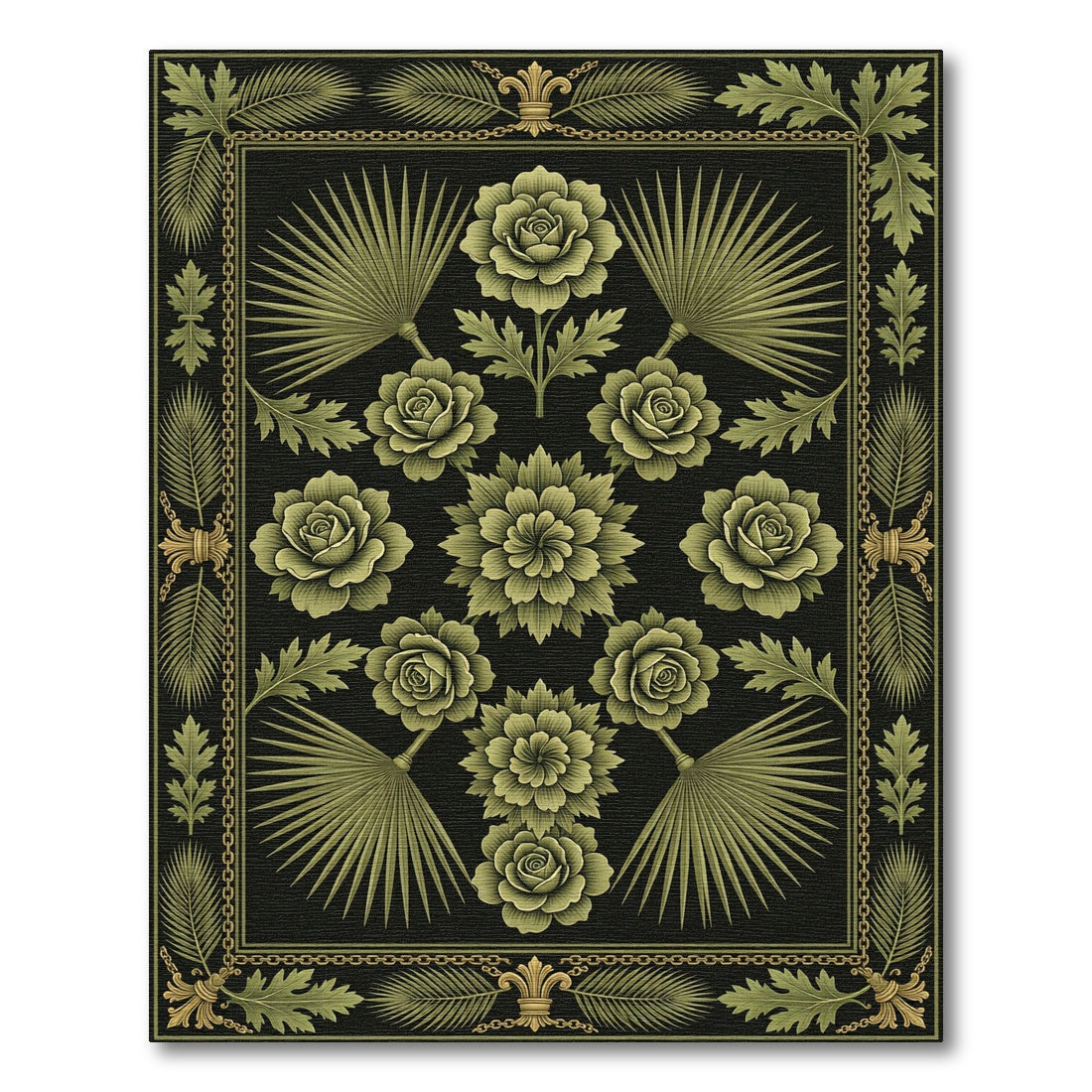 Olive Green Floral Fan Border Rug