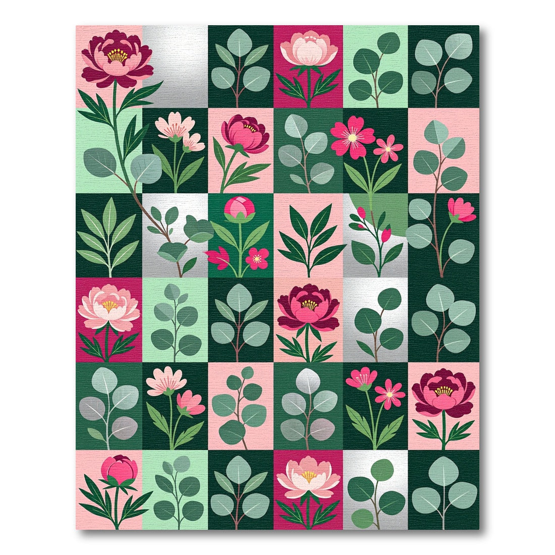 Modern Botanical Grid with Pink Peonies Rug