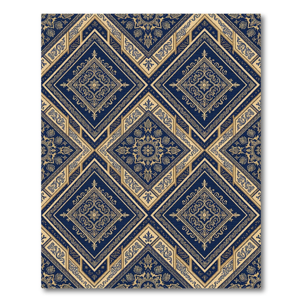 Royal Blue Golden Filigree Diamond Damask Rug