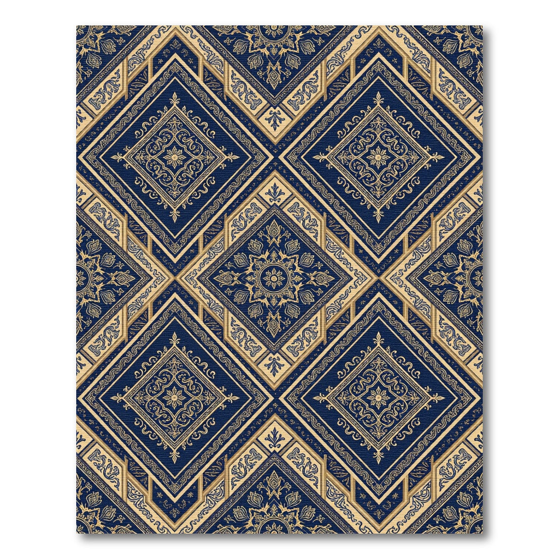 Royal Blue Golden Filigree Diamond Damask Rug