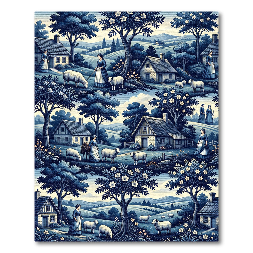 Blue Toile Countryside Pastoral Scene Rug