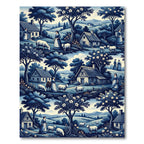 Blue Toile Countryside Pastoral Scene Rug