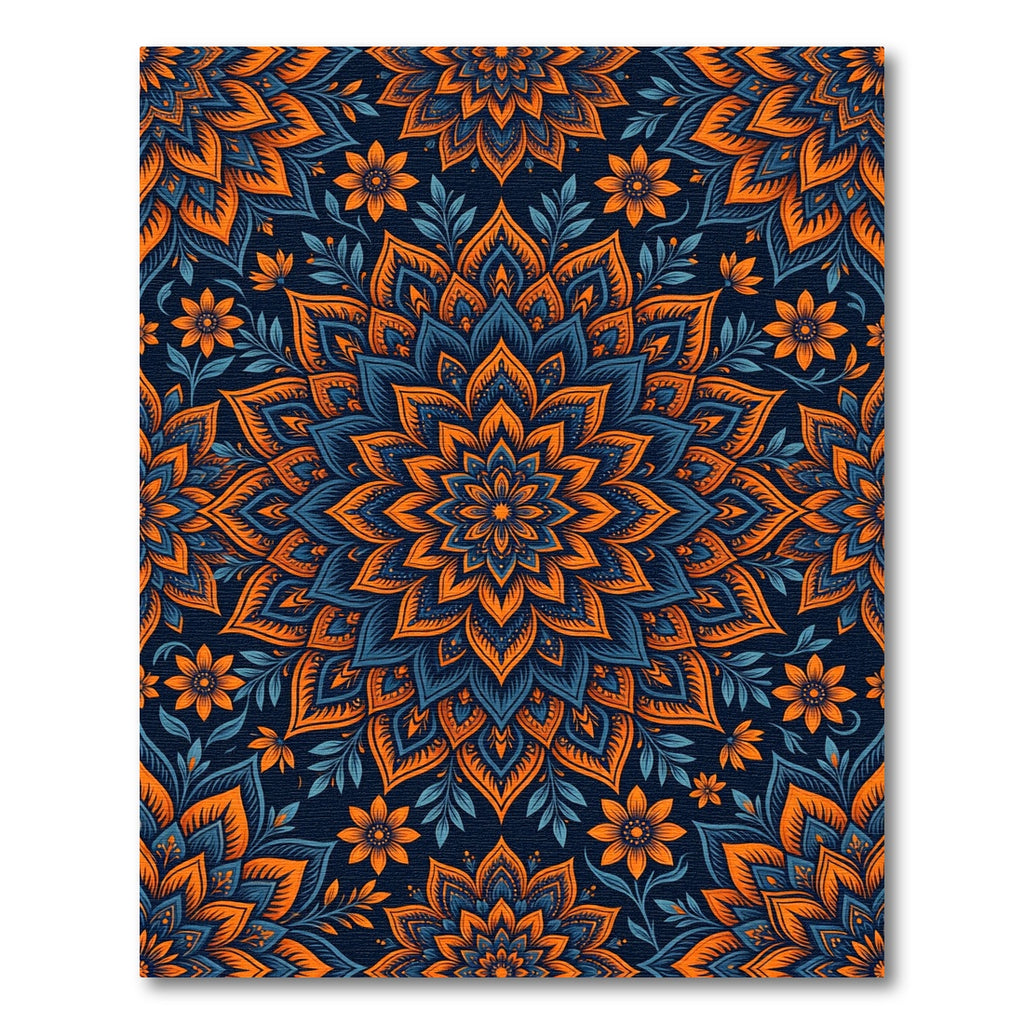 Vibrant Orange Blue Floral Mandala Rug